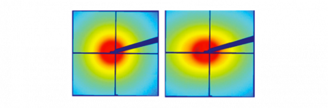 Cliché SAXS acquis au repos (gauche) et sous cisaillement à 3 000 s-1 (droite).